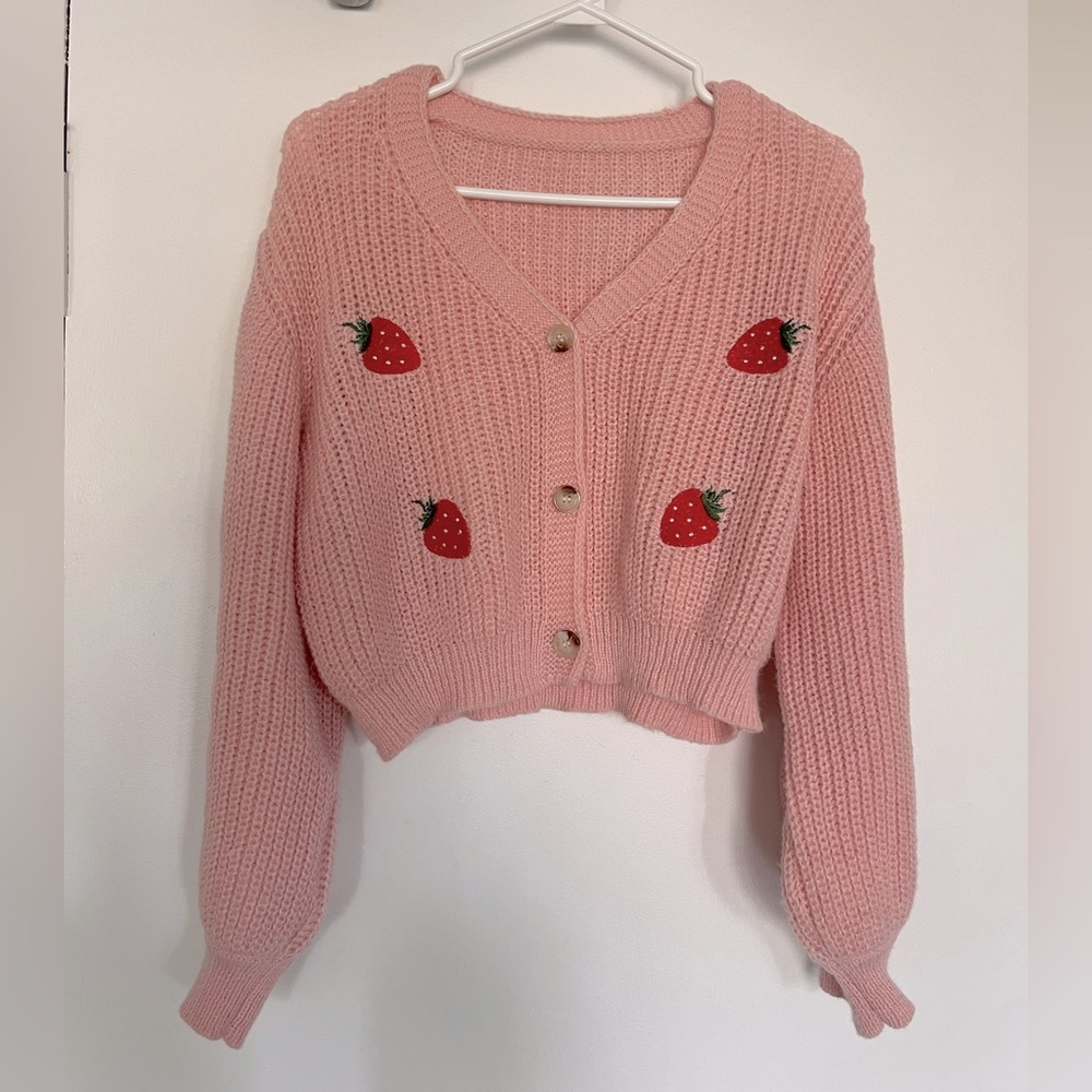 SHEIN Pink Cropped Knit Cardigan with Strawberry Embroidered Accents